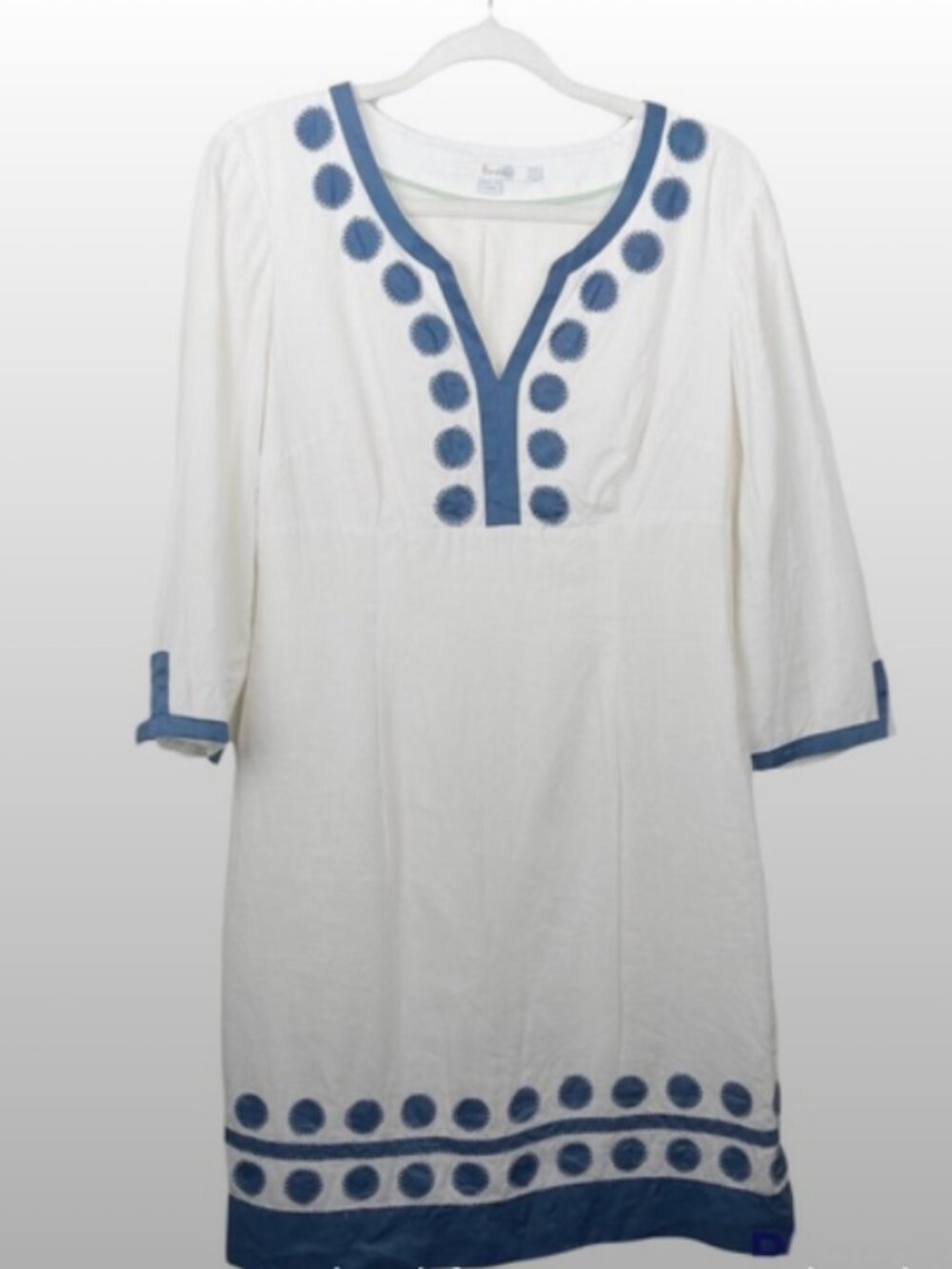 Boden Empire Shift Linen Appliqued Dress Blue & White 10